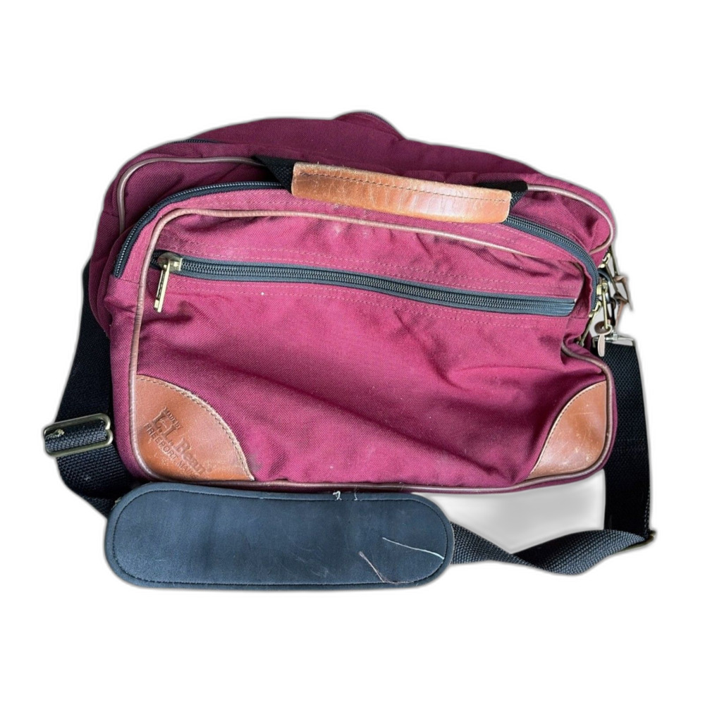 L.L.Bean Burgundy Canvas Duffle Tan Leather Trim